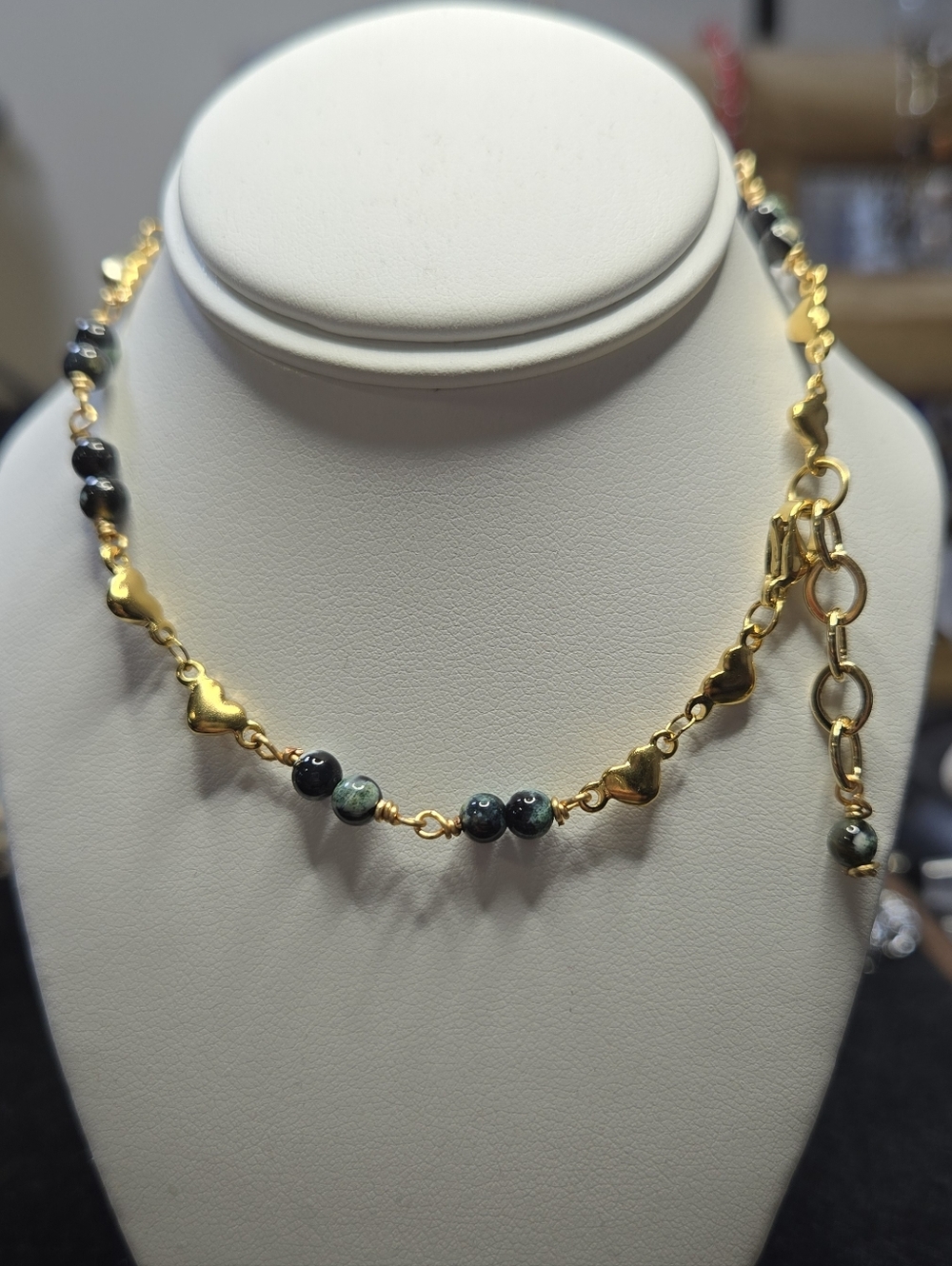 Gold Heart Station Anklet with Dark Green Beads